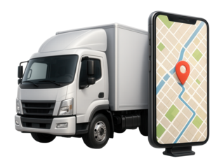 A silver delivery truck positioned next to a smartphone displaying a digital map with a red location pin on transparent background.