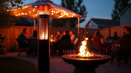 Glowing propane patio heater illuminating an outdoor gathering with friends and family seated around a fire pit with the heater keeping everyone warm under a starlit sky and soft lighting