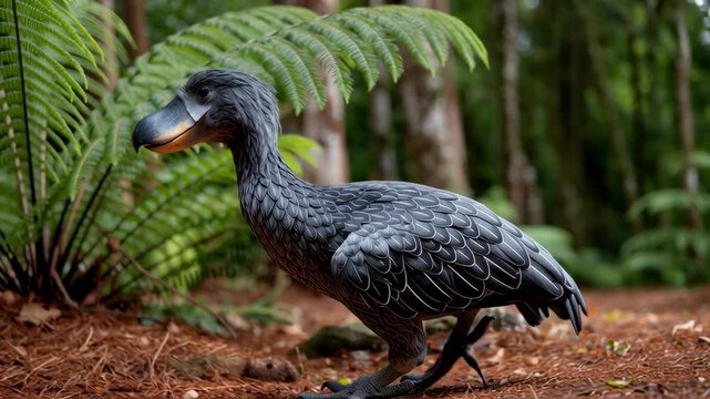 A realistic depiction of a dodo bird in its natural forest habitat, with detailed feathers.