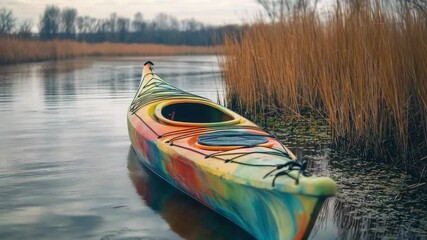Colorful kayak on a tranquil lake or river, ideal for leisurely outdoor activities. The  shows the vibrant craft against a serene water surface with a gentle reflection.