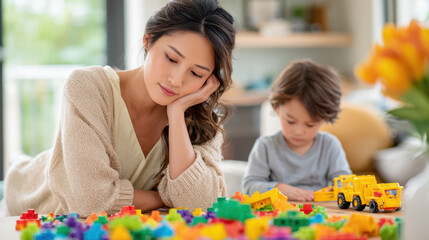 Fototapeta premium Mother and young child engaged in creative play with colorful building blocks in a bright, cozy living room setting