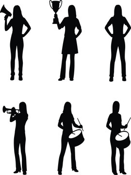 Women Silhouettes with Trophy and Instruments, Empowerment Illustration, Music and Leadership Concept, Confident Pose, Achievement, Celebration, Strength, Inspiration