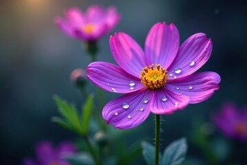 Obraz premium Intricate purple cosmos, dew drops, soft focus, shade, background, flower