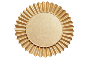 Gold rosette medal or award.  Circular, textured gold.  Radiating, decorative