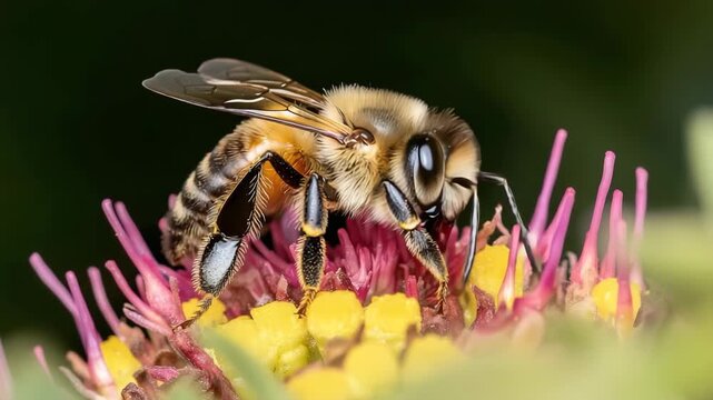 Honeybee close up macro shot collecting nectar on vibrant yellow and pink flower showing detailed wings fuzzy body insect pollination flower nectar