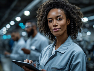 A robotic assembly line in a clean, high-tech factory, supervised by a multicultural team of engineers using digital tablets and augmented interfaces