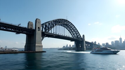 Iconic steel arch bridge over water with a city skyline backdrop