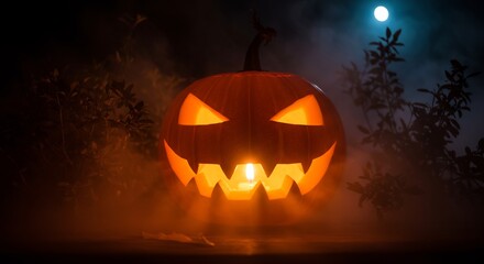 Fototapeta premium A grinning jackolantern glows surrounded by fog plants and a single radiant moon