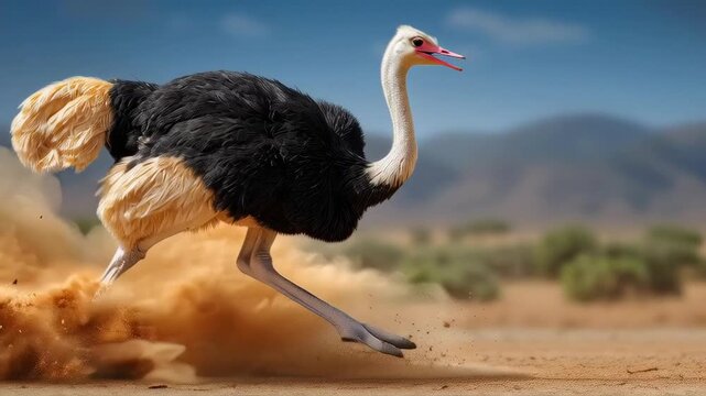An ostrich in full sprint, kicking up dust in the vast African savanna.