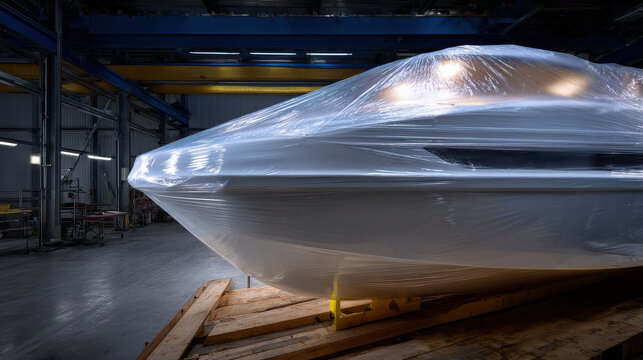 Boat wrapped in protective plastic film inside industrial warehouse with dramatic lighting