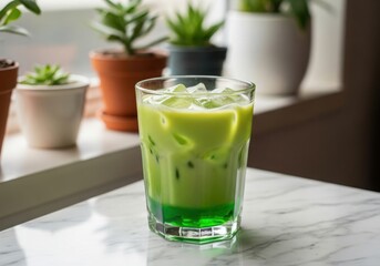 Fototapeta premium Green Mint Drink with Ice in a Glass beverage iced