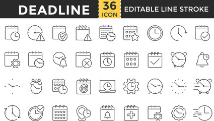 Deadline Line Icon Set. Pixel Perfect and Outline Editable Stroke Icons collection for Alarm, Calendar, Clock, Reminder, Schedule, and Task Management