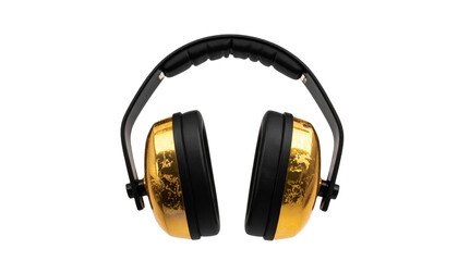 Ear defenders ear phones with golden ear cups and black headband, isolated on transparent background