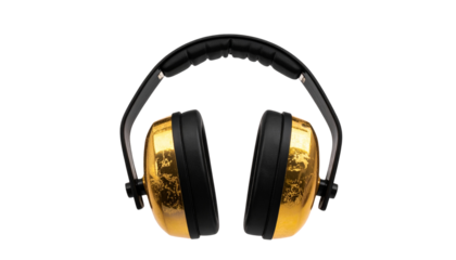 Ear defenders ear phones with golden ear cups and black headband, isolated on transparent background