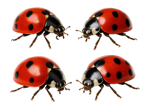 Four red ladybugs with black spots and six legs are facing each other symmetrically on transparent background.
