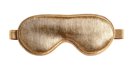 A golden eye mask, smooth textured, sits centered on a black background.  Soft, luxurious fabric