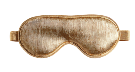 A golden eye mask, smooth textured, sits centered on a black background.  Soft, luxurious fabric