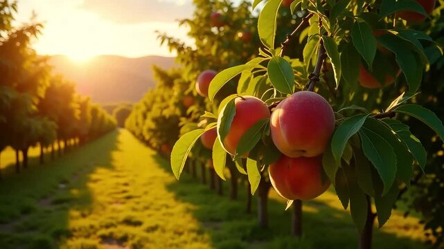 Golden hour shines on ripe peaches hanging on the tree in orchard row, ready for harvest