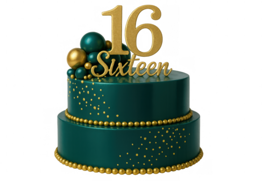 Delicious two-tiered sixteen birthday cake with gold decorations, perfect for celebrating a sweet sixteen on a transparent background