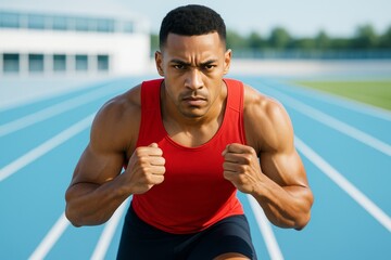 Focused male sprinter in red tank top preparing to run on blue track in natural light, showing determination and athletic mindset outdoors. Ai generative