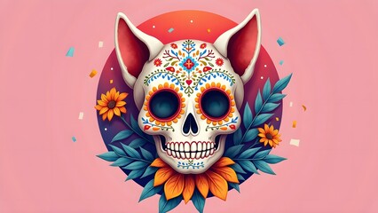 Watercolor of Cat Skull with Sugar Patterns in Mexican Folk Style