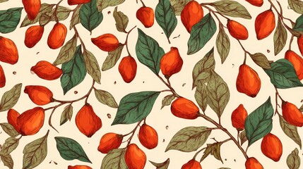 Red berries and leaves on beige background