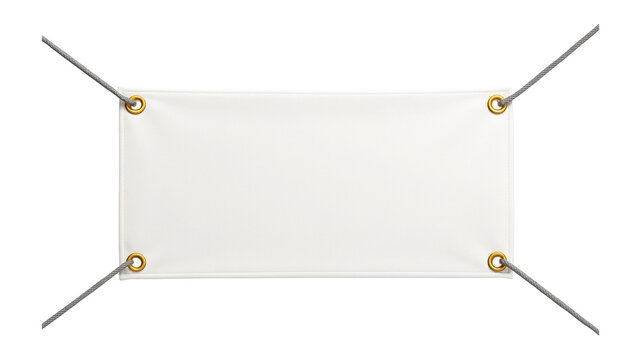 White rectangular banner with four eyelets and ropes at each corner on transparent background.