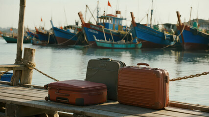 Colorful suitcases rest on a wooden dock with fishing boats in the background.