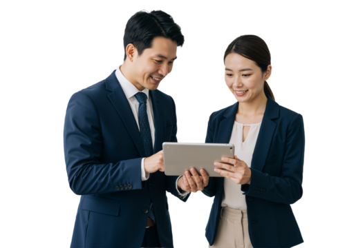 Two professionals, a man and a woman in navy attire, collaborate on a tablet, smiling in a minimalistic office setting in a transparent background