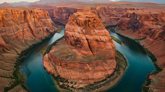 Aerial View of Turquoise River Winding Through Red Sandstone Canyon Under Blue Sky