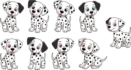 Cute cartoon dalmatian puppy collection, sitting and happy spotted dog characters, vector illustration isolated on white background