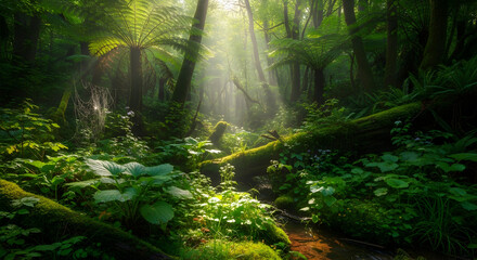Fototapeta premium Enchanting Forest Stream: Sunlight Piercing Verdant Canopy.