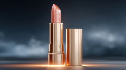 A golden lipstick with its cap next to it on a surface