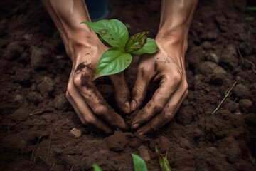 Two Hands Planting a Small Green Seedling in Soil for Sustainability and Environmental Growth Concept, Human planting plants, Growing plants 