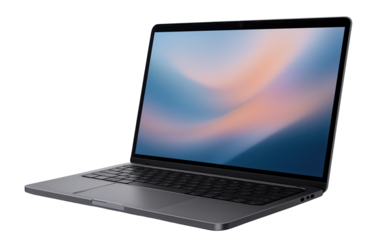 Sleek modern laptop with a minimalist design featuring a vibrant display and backlit keyboard, on transparent background.