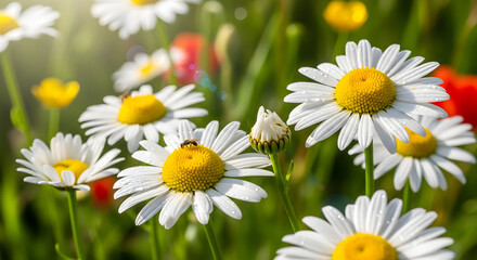 Fototapeta premium Sun-Drenched Daisy Meadow with Dewdrops and a Visiting Fly.
