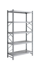 Industrial metal shelving unit.  Four-tiered,  light gray,  vertical storage