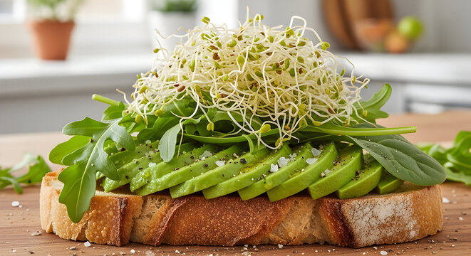 Vibrant Avocado Toast Topped with Fresh Sprouts and Arugula on Rustic Bread. - Powered by Adobe