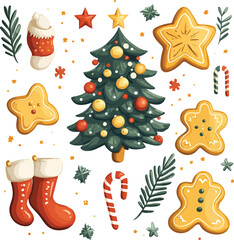 A vibrant vector illustration set of Christmas icons featuring gingerbread cookies, Santa, and a snowman for the holiday season
