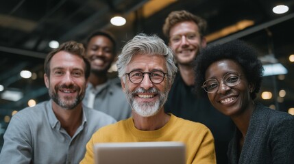 Multi-generational workplace collaboration, Gen Z and Baby Boomers working together on tablet, diverse ages sharing knowledge