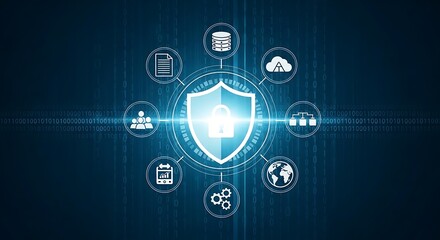 Digital shield with lock icon surrounded by technology and data security icons cybersecurity