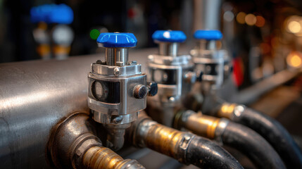 Valve control with blue handle on industrial pipe system, close up showing metal and rubber parts in warm light