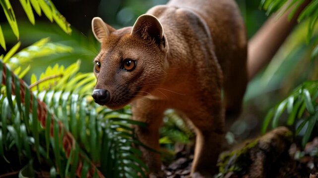 A stunning fossa, a unique predator, surveys its lush, tropical surroundings.
