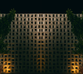 Concrete wall with lights and side plants