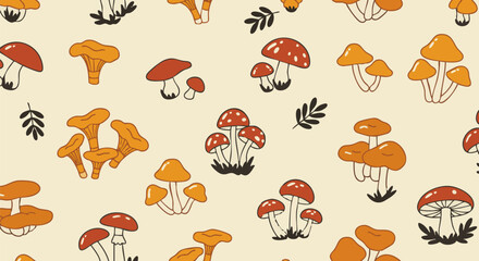 seamless pattern with autumn leaves and mushrooms