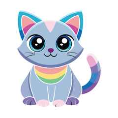 Playful Blue Cartoon Cat with Rainbow Collar and Colorful Tail