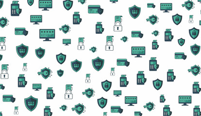 A white background features a scattered pattern of dark teal icons symbolizing cybersecurity, digital safety, data protection, online security, and various security protocols and devices