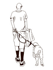 Man Walking a Dog with Shopping Bags – Back View Line Art
