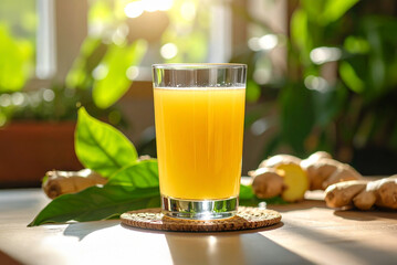 Glass transparent glass with fresh ginger juice on the kitchen wooden table surface in sunlight. Ginger shot to strengthen immunity and health. Vitamin health drink