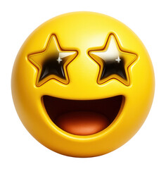 A bright yellow smiling emoji with star-shaped eyes and an open mouth, conveying excitement and admiration on transparent background.